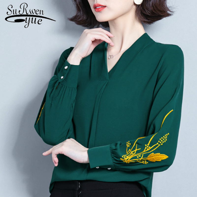 

Sexy V-neck Long Sleeve Chiffon Blouse Womens Tops and Blouses Korean Style Women Embroidery Clothes Autumn 7135 50 210521, White