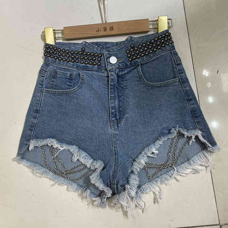 

Women Shorts High Waist Fashion Spring Summer Chain Slim Elastic For Ladies HR364 210525, Blue