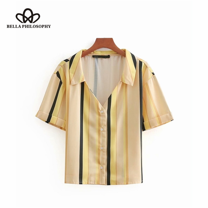 

women vintage matching striped blouse shirt female back bowknot short sleeve femininas blusas tops 210519, Yellow-b8345