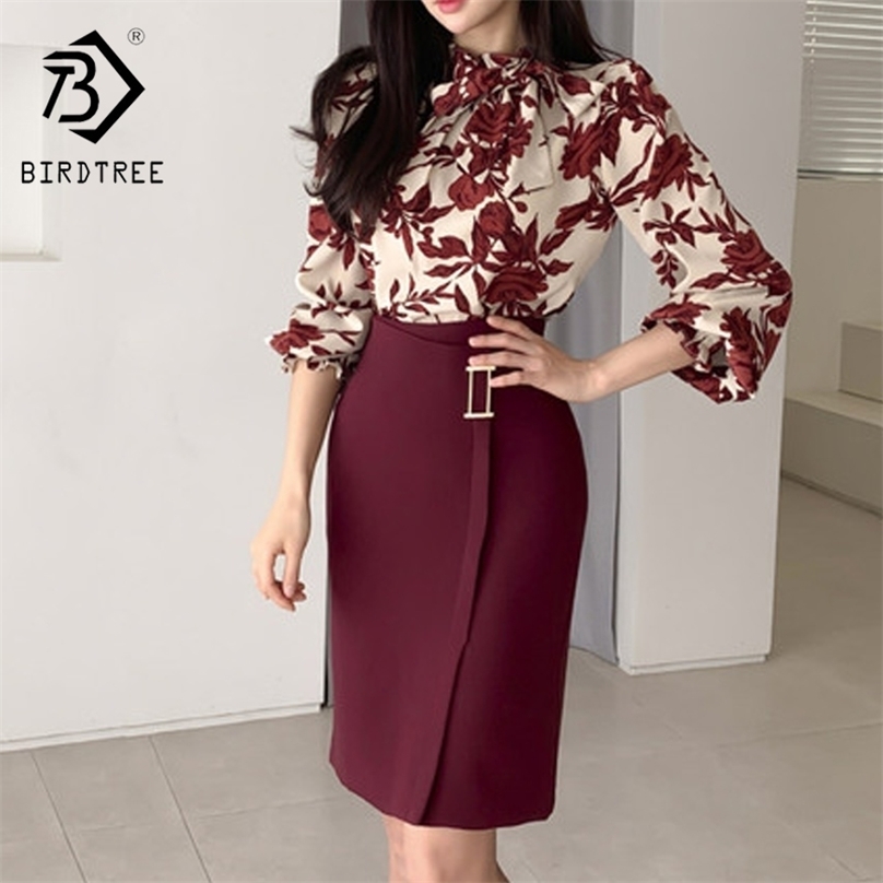 

Spring Women Suits Print Long Lantern Sleeve Shirt Slim Fit Hip Mini Skirt Two Piece Set S0130 211106, Printed 2 piece set