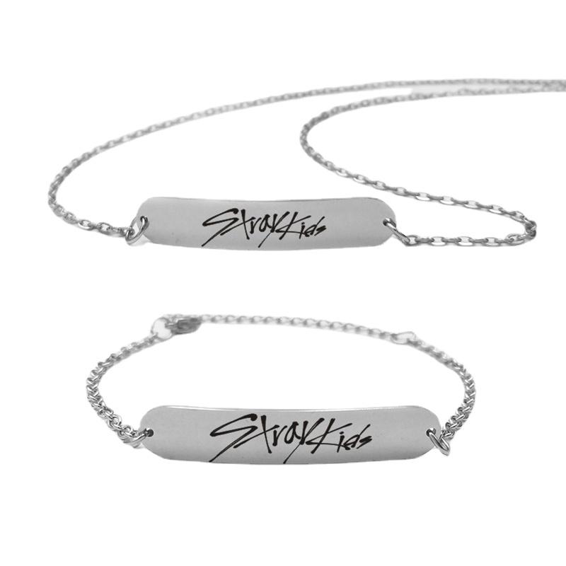 

Earrings & Necklace 2Pcs Kpop Stray Kids MIROH Same Signature Bracelet Set Stainless Steel Silver Color Chains Fashion Jewelry Fans Gift