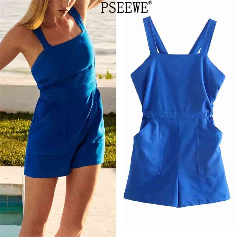 

Female Jumpsuit Blue Woman Short Playsuit Summer Fashion Sleeveless Backless Casual Overalls Women Combishort 210519
