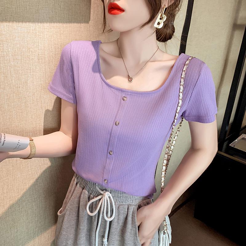 

Summer Women Square Collar Modal T-shirts Crop Tops Girls Stretchy Cropped Sheath Short Sleeve Tee Shirts For Female Women' T-Shirt, Black