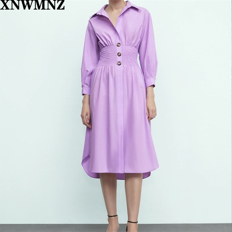 

Turn Down Collar Dresses Women Fashion Elastic Waist Dress Elegant Buttons Long Female Ladies 210520, Lavender