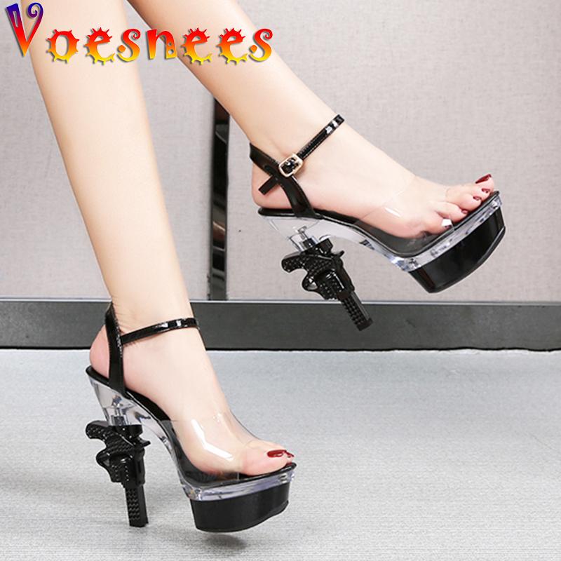 

Women's Sandals 34-43 14cm Strange Style Waterproof Platform Transparent Crystal Wedding Shoes Women Sexy Pistol Heel Dress, Black