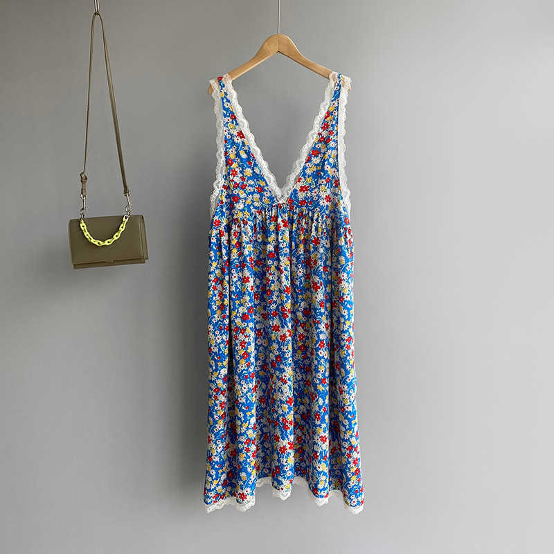 

Retro Floral Spaghetti Strap Dress Women Summer Lace Ruffles Long 5165 210607, Blue