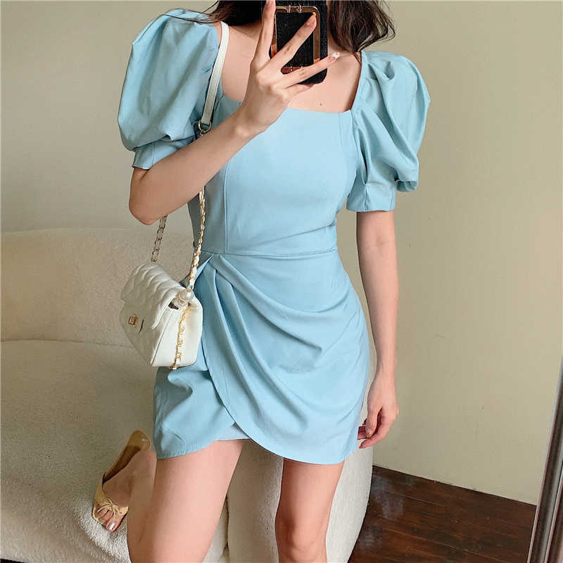 

Summer Puff Sleeve Party Dress Women Solid Color Square Collar Bodycon Sexy Slim Waist Office OL Ruched Mini Dresses 210526, Photo color