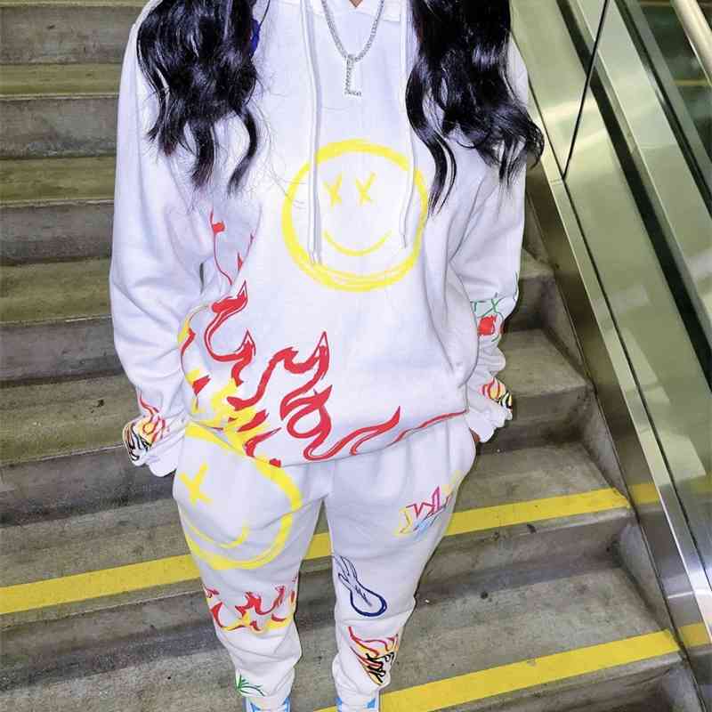 

8384# autumn and winter new graffiti printing trend Hooded Sweater casual women's suit, Gray