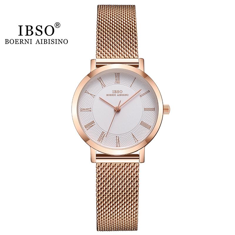 

Quartz Movement High Quality IBSO Women Stainless Steel Mesh Sliver Gold Rose Waterproof Ladies Watch Drop Wristwatches