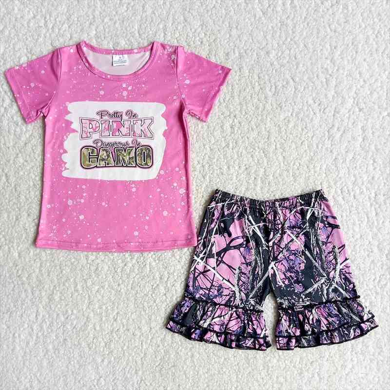 

fashion farm outfits baby girl cute pink color t shirt and camo shorts 2 pcs sets kids casual childrens summer, White