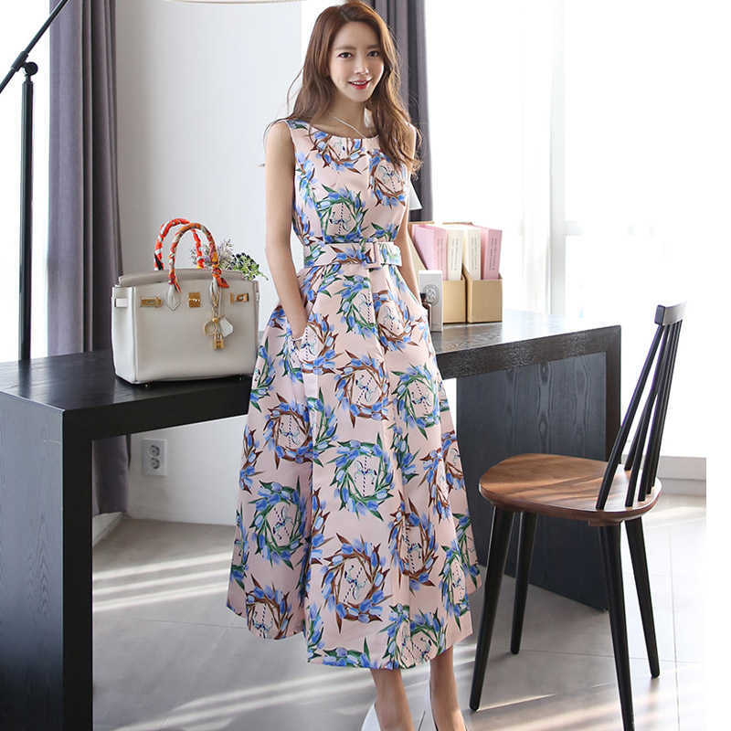 

summer Korean temperament fashion belt waist print big swing dres 210603, Blue