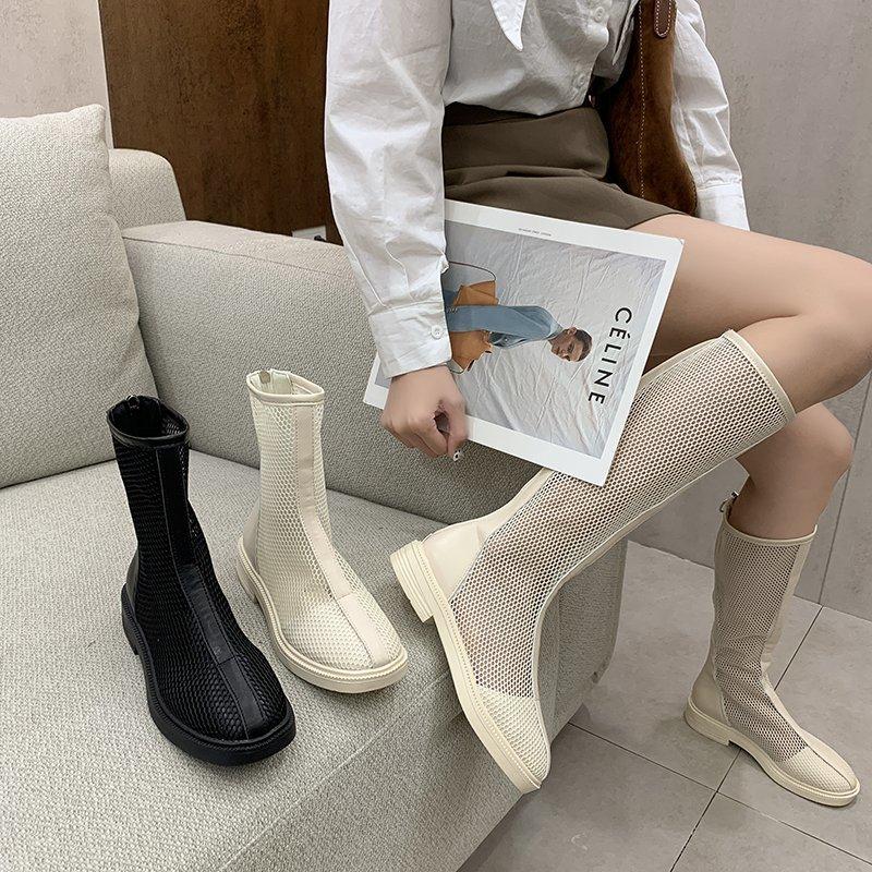 

Net Boots Women 2021 England Women's Breathable Hollow Thin Square Heel Short Spring Single Sandals, Beige