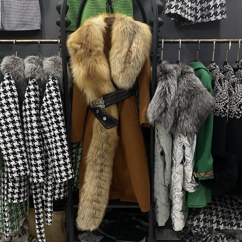 

Women's Fur & Faux Women Winter Coat Long Woolen With Whole Skin Red Collar Trim Belt Slim Female Luxury Warm Jacket Fashion Clothing, Black