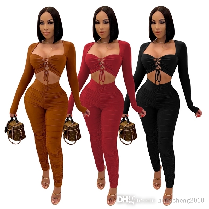 

Autumn Winter Women Two Piece Pants Set Fashion Tracksuit Sexy Long Sleeve Eyelet Bandage Belly Button Top Pleated Leggings Outfits, Black