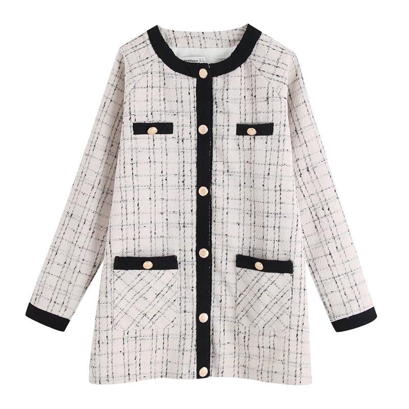 

Women's Jackets Evfer Womens Fashion Plaid Print Woolen Long Chic Lady Autumn Elegant Two Pockets Button Decoration Thick Outwear, Black;brown