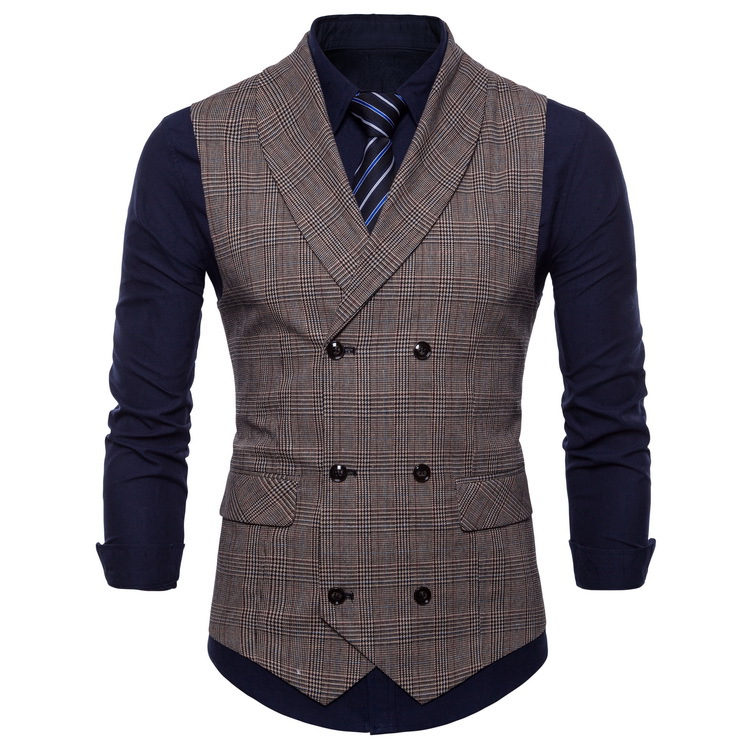 

New Plaid Suit Vest Men Slim Fit Double Breasted Vest Waistcoat Mens Business Wedding Tuxedo Gilet Homme, Dark gray