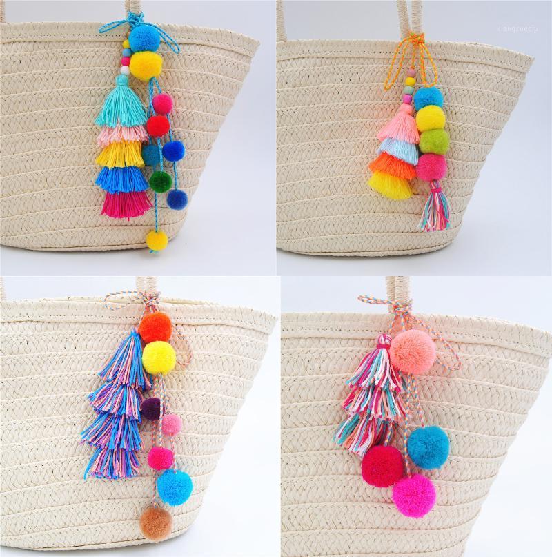 

Keychains 1pc Boho Style Pompons With Colorful Tassel For Women Bag Hanging Wooden Beads Pendant Summer Jewelry, Silver