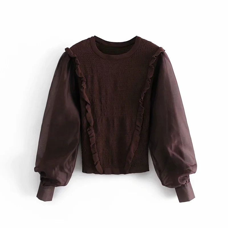 

Women Fashion Ruffle Yarn Stitching Puff Sleeves Sweater Female Retro Pullovers Chic Tops 210520, As picture