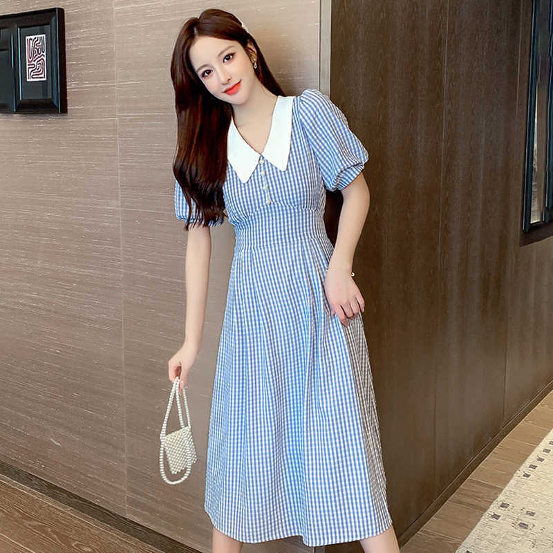 Two Piece Dress Peter Pan Collar Plaid Summer Long Women Puff Sleeve Blue Green Party High Waist Elegant Vintage Z335 5141-image-701651771