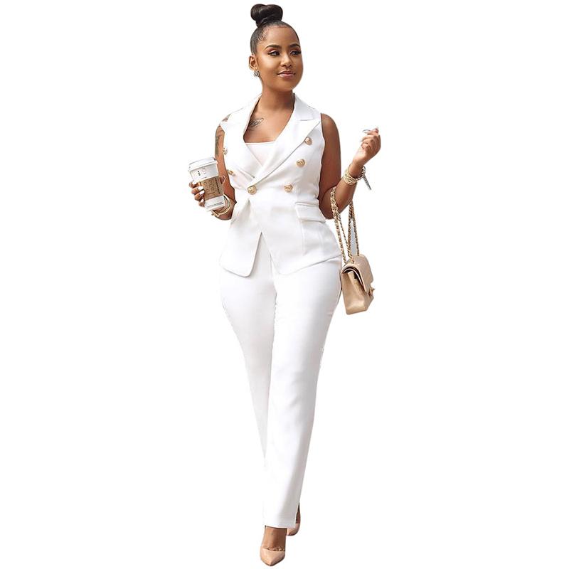 

Women' Two Piece Pants Sexy 2 PCS Sets Vest Suit Sleeveless Blazer Coat Casual Trousers Slim Suits Women 21 Spring Summer White Fashion Clo