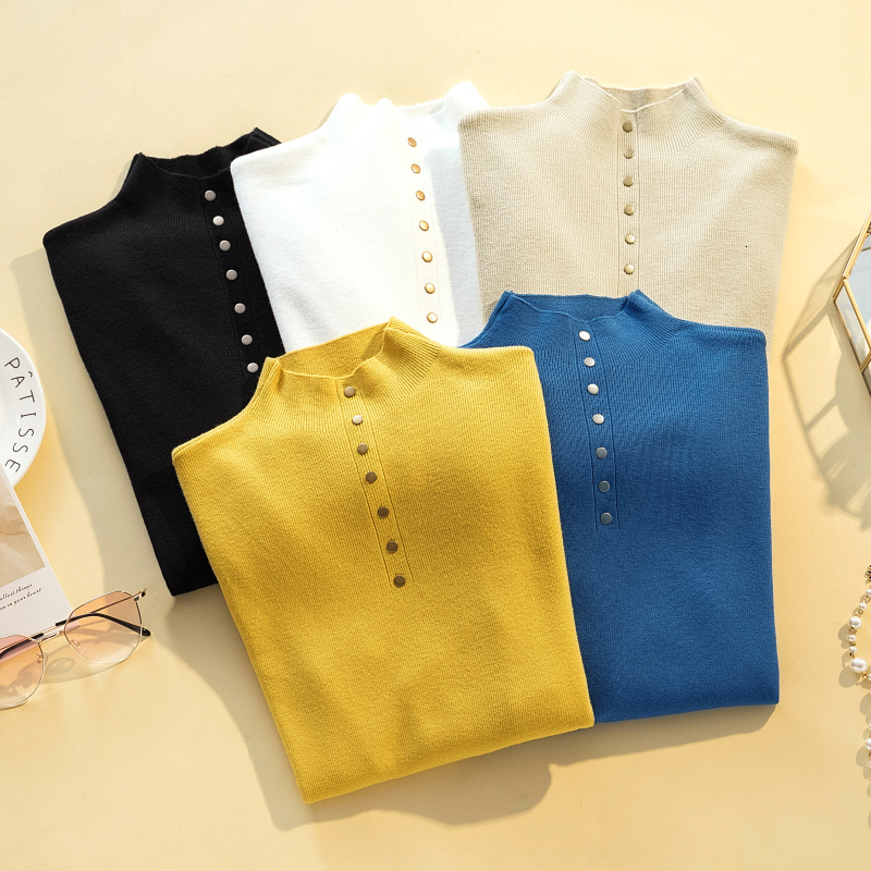 

Women' Knits & Tees Women Knitted Sweater Brief Solid Color Slim Stand Collar Sheath Knitwear Thin Ladies Pullovers Bottomed Tops, White