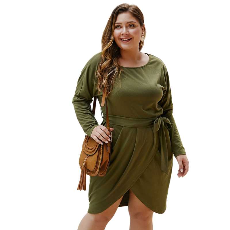 

Plus Size Dresses Women Solid Color Long Sleeves Autumn With Sashes O-Neck Sexy Causal Office Lady Dress, Gray