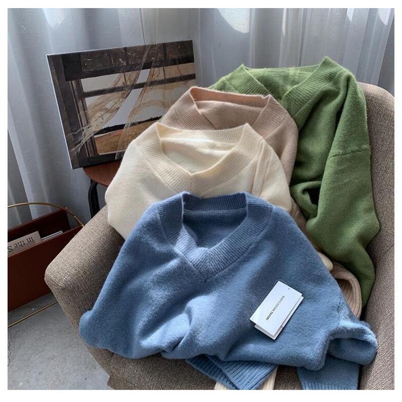 

Women's Sweaters V-neck Knitted Sweater Women Loose Oversize Winter Pullover Female Plus Size Long Sleeve Tops 2021 Pull Femme, Green