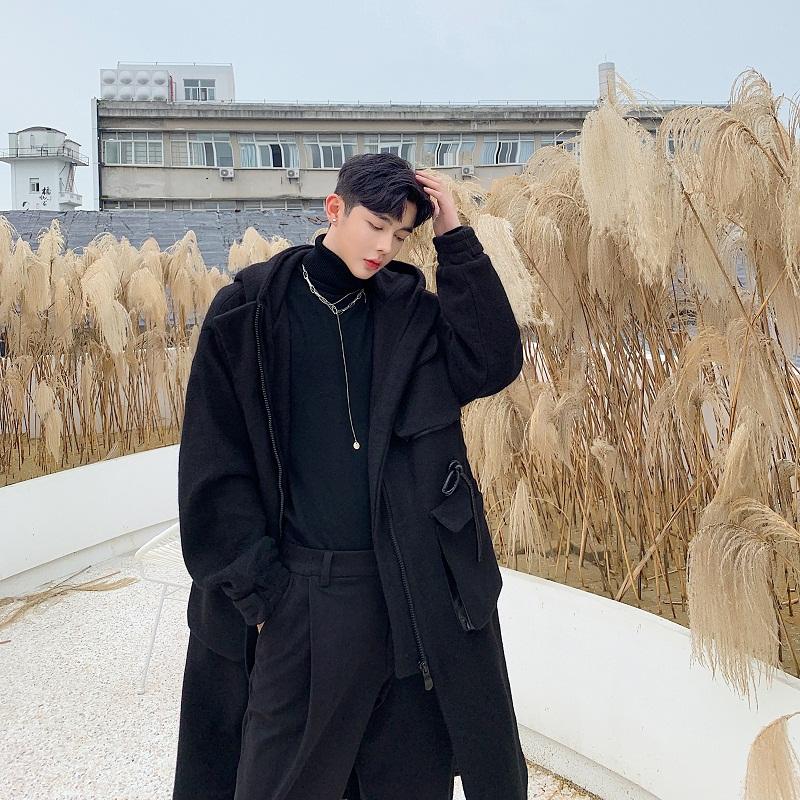 

Men's Trench Coats Male Streetwear Hooded Coat Windbreaker Outerwear Men Vintage Fashion Loose Thick Woolen Overcoat Long Jacket, 9075