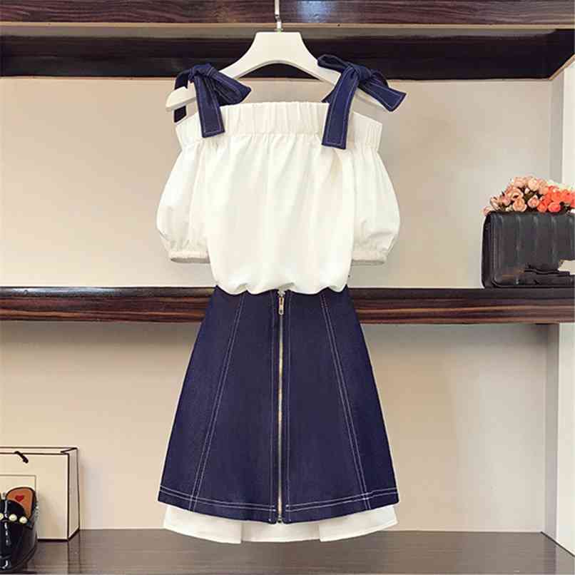 

Preppy Style Suit Sweet Puff sleeve Bow Tie Off Shoulder Cotton Long Tshirt Dress + Zipper A-line Denim Skirt 2 Pieces Set Women 210602, Blue