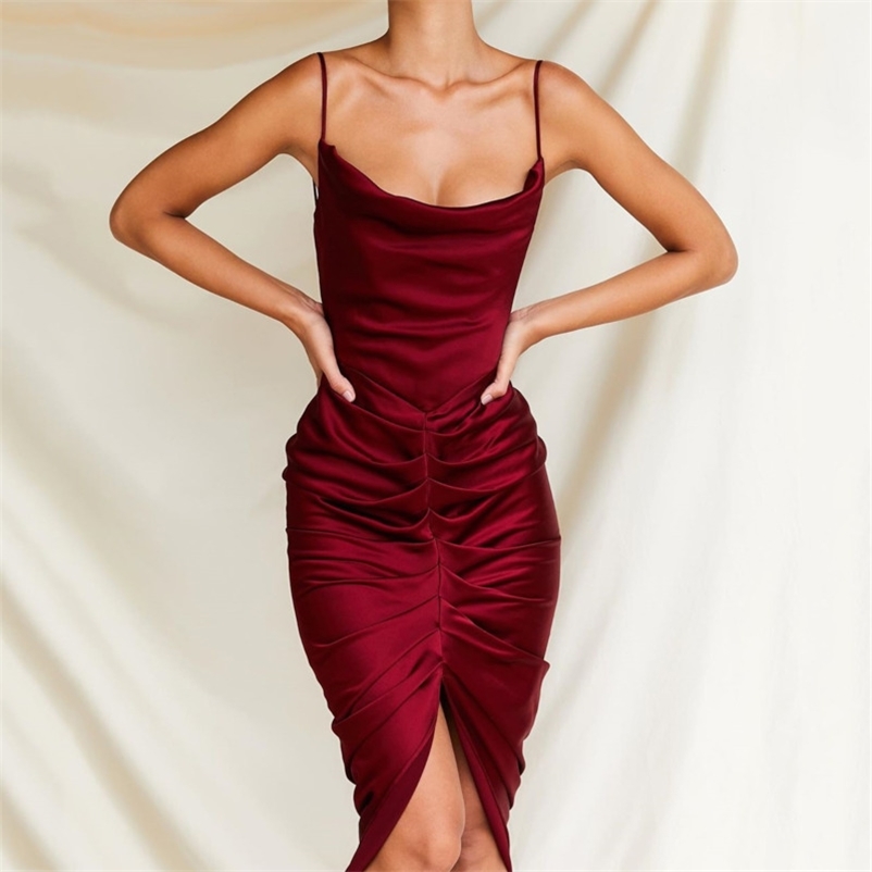 

Women Pleated Open Back Pile Collar Suspender Dress Solid Color High Waist Slim Fashion Spring Summer 11B500 210525, Red