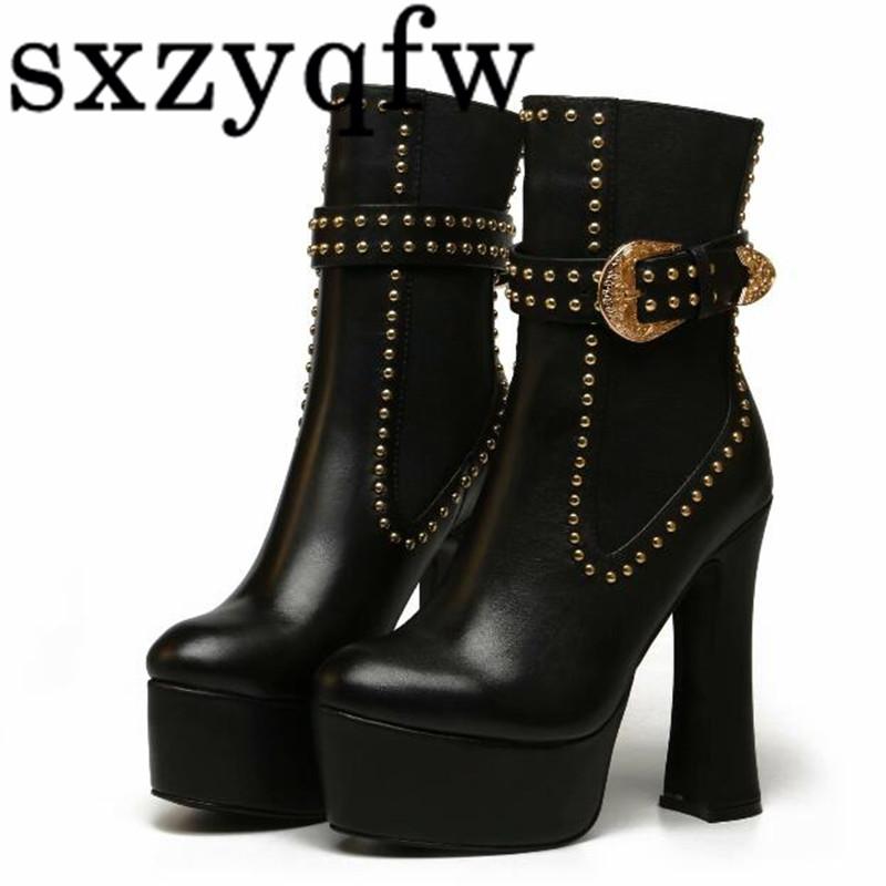 

Boots Rivet Women Ankle Slip-On Platform Booties Chunky High Heels Metal Buckle Decro Short Top Quality Leather Shoes Woman, Black