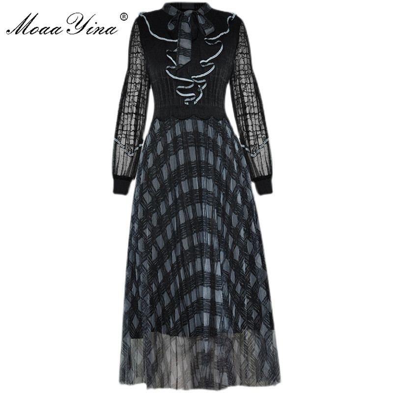 

Fashion dress Spring Women Dress Long sleeve Ruffles Knitting Patchwork Mesh Dresses 210524, Black