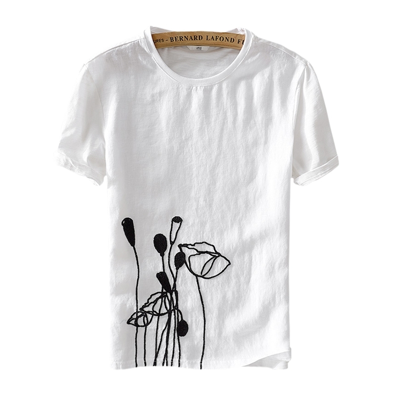 

Graphic T Shirts Male Short Sleeve Cotton Linen Splicing Tees Casual Tshirts for Men White Rose Lotus Printing Tops Clothing 210601, Asian size