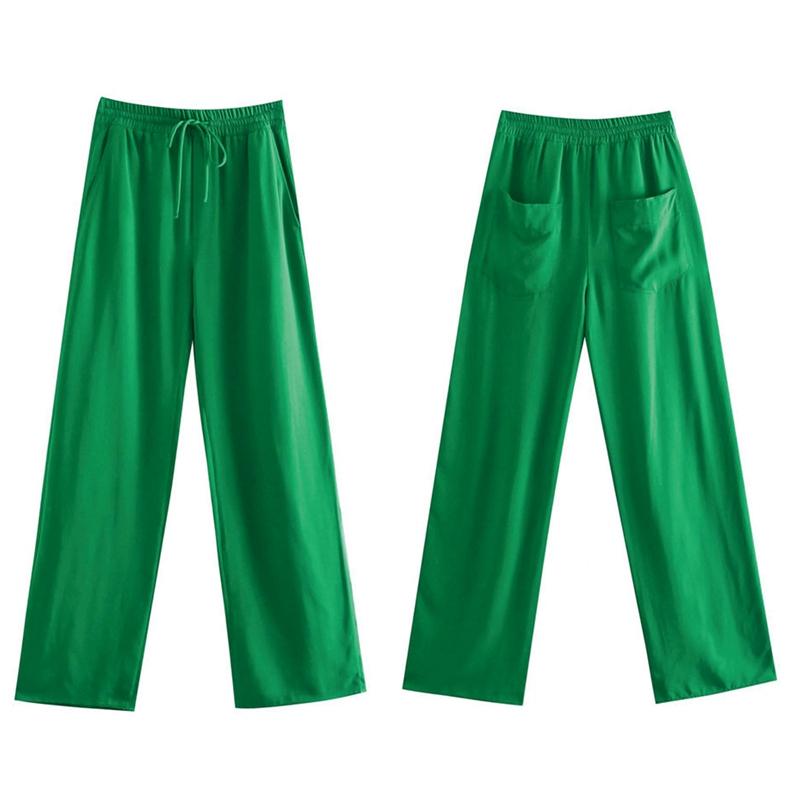 

Women's Pants & Capris Women Green Color Pockets Casual Straight Female Chic Elastic Waist Lace Up Summer Long Trousers, Turquoise
