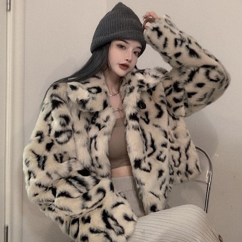 

Women's Jackets Retro Hong Kong Style Plush Velvet Leopard Print Puffer Jacket Autumn And Winter Versatile Small Short Faux Fur, Coat