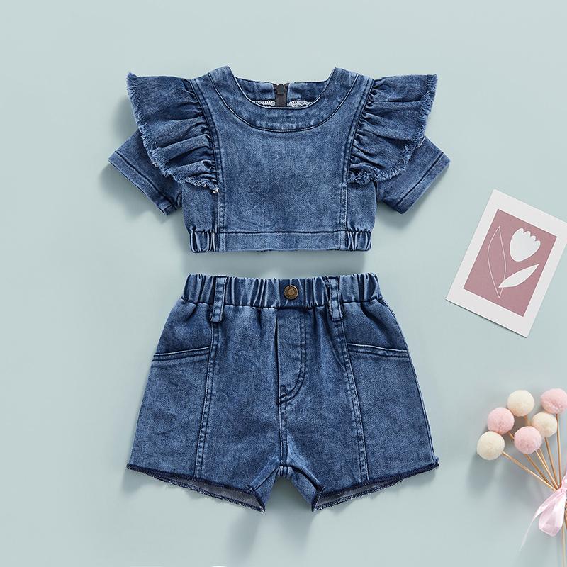

Clothing Sets Kids Girls Denim Outfits Sleeve Crop Top With Elastic Waist Shorts For Casual Daily Outwear, Blue