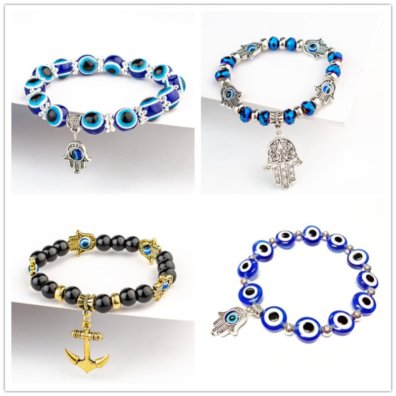 

Wholesale Turkish Blue Evil Eyes Beads Fatima Hand Charm Bracelets for Men Women Couples