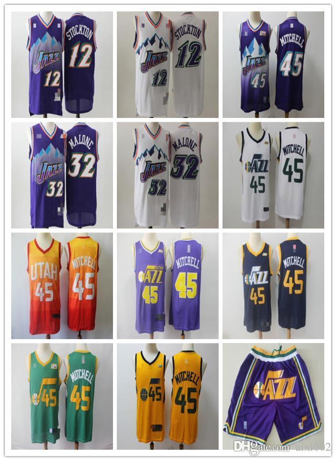 

Mens Utah Jazz 12 John Stockton 32 Karl Malone 45 Donovan Mitchell Basketball Shorts Jersey, Black;red