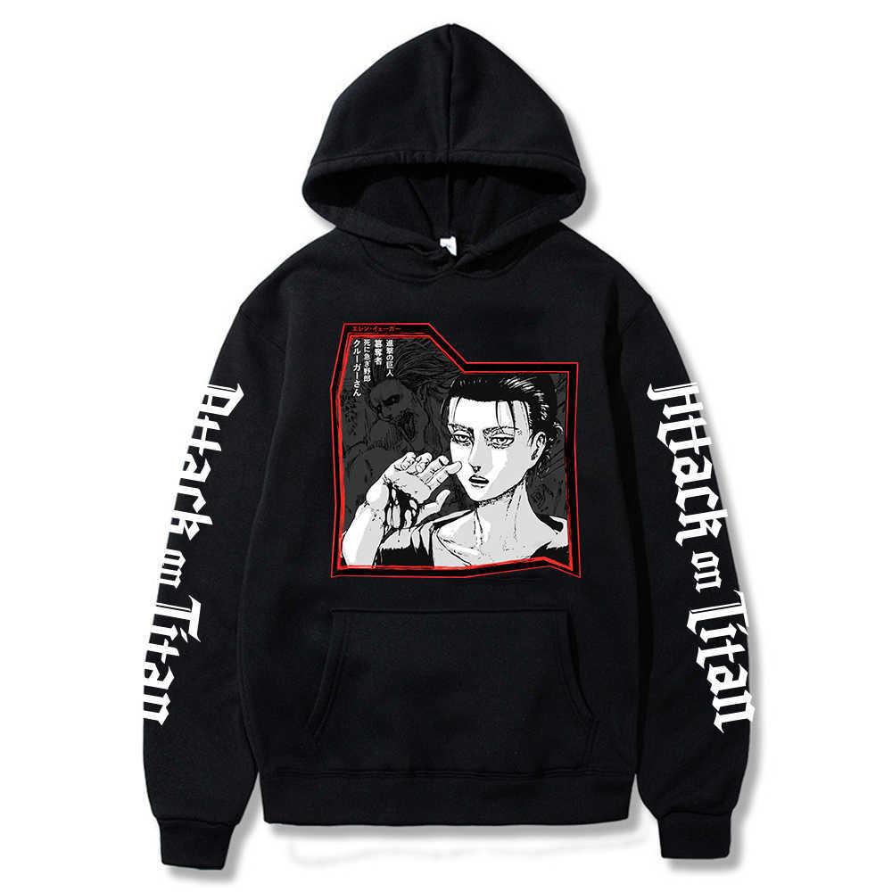

Attack on Titan Hoodie Japanese Anime Eren Yeager Graphic Long Sleeves Loose Sweatshirt Unisex Clothes Y0802, Black