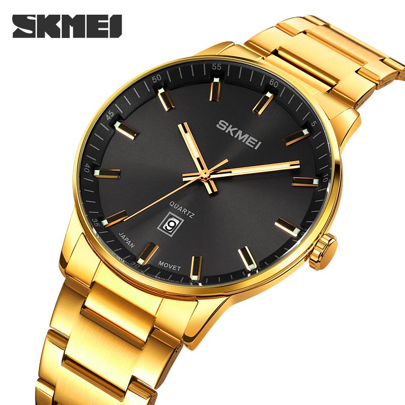 

Wristwatches SKMEI Men Watch Fashion Sport Wrist Alloy Case Steel Band Quartz Business Waterproof Wristwatch Calendar Clock Gift, Gold