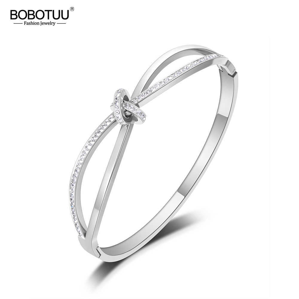 

Bobotuu Sparkling Cz Crystal Cross Bow-knot Bangles Bracelets Jewelry for Women Rose Gold Stainless Steel Wedding Bangle Bb19094 Q0717