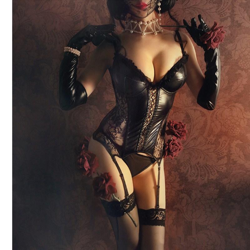 

Bustiers & Corsets Women Sexy Push Up Bra Erotic Corset 6XL Plus Size Gothic Faux Leather Transparent Lace Mesh Top Elasticity Waist, Black;white