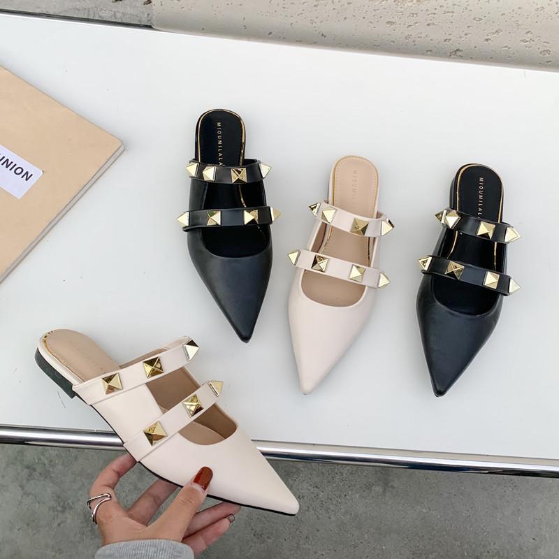 

Women Temperament Slippers Fashion Pointed Stripe Design Female Muller Shoes Foot Office Casual, Black