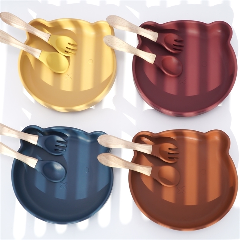 Cartoon Cute Children Silicone Dinner Plate Wooden handle fork spoon Food Grade Baby Silicone Children's Suction Cup Bowl 211027-image-735563969