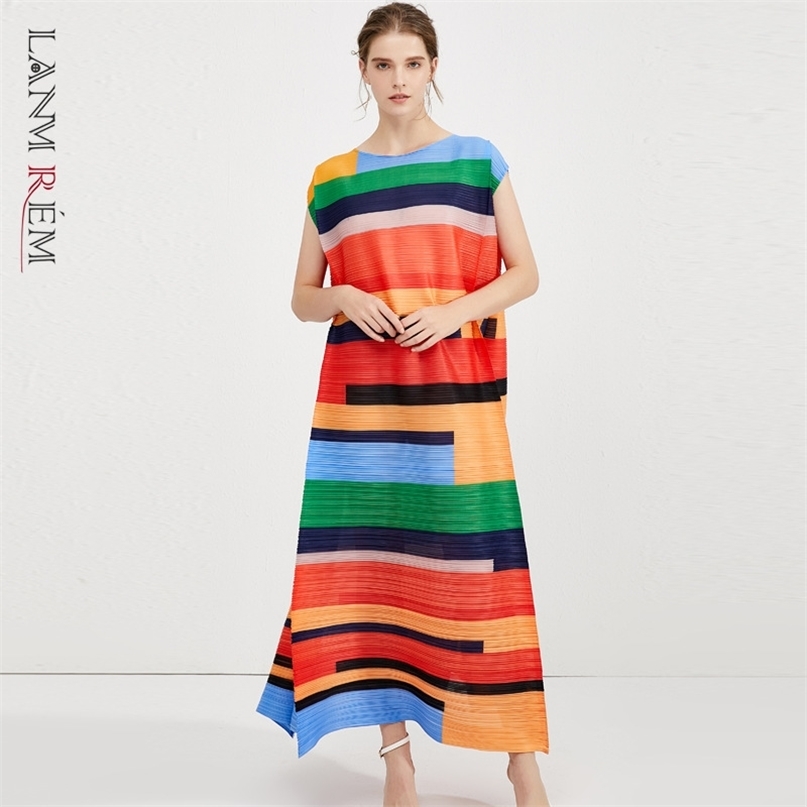 

Stretch Pleated Dreesses For Women High Quality Striped Color Block Patchwork Sleeveless Loose Elegant Clothes AP461 210526, As shown