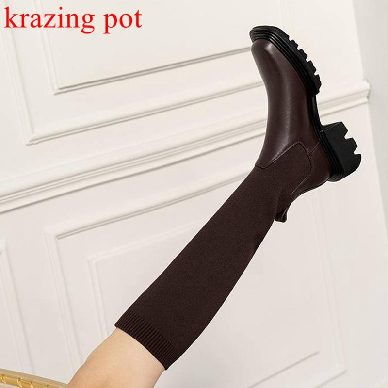 

Boots Krazing Pot Genuine Leather Square Toe Riding Thick Heels Brown Color Winter British School Knitting Thigh High L79, Black