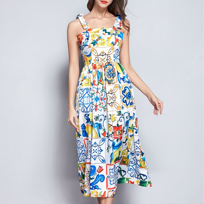 

Designer Runway Dress Women's Sleeveless Retro Floral Printed O Neck Midi Tank Ladies Slim Big Swing Party 210525, Picture color