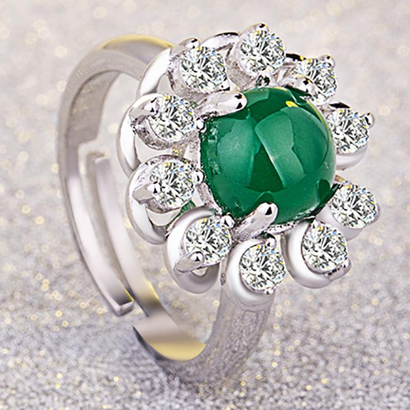 

Cluster Rings Natural Jade Turquoise Diamond Ring Green Agate Emerald Jewelry For Females Bizuteria Silver Color 925 Gemstones, Golden;silver