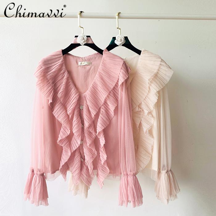 

Women's Blouses & Shirts Spring Retro V-neck Pleated Lace Wide Ruffles Loose Shirt Top Super Fairy Long Flare Sleeve Solid Color Female Blou, White
