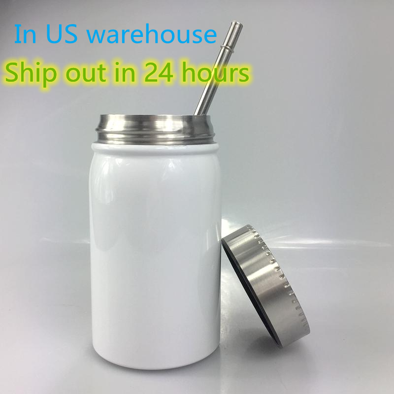 

Local warehouse Sublimation Mason Jar cup Stainless Steel Coffee Mug 500ml/17oz Portable Heat Insulation Tumbler Dust-proof Bottle with Metal Lid & Straw delivery, White